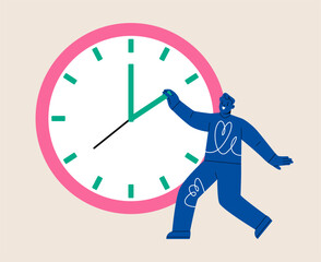 Man standing with clock adjusts time. Time control concept. Colorful vector illustration