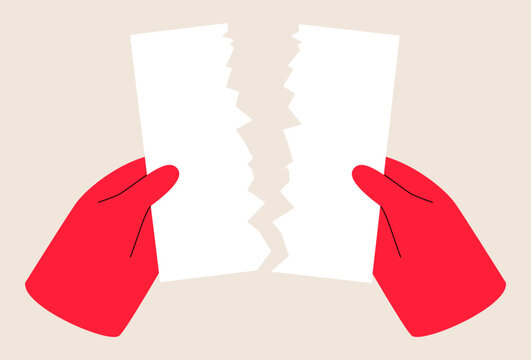 Hands tearing apart a blank sheet of paper. Colorful vector illustration