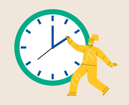 Woman standing with clock adjusts time. Time control concept. Colorful vector illustration