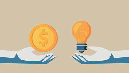 Dollar coin in the palm. On the other hand, a light bulb. Image of paying for ideas.