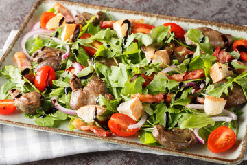 Delicious dietary salad of chicken liver, arugula, onions, tomatoes, croutons and bacon close-up in a plate on the table. Horizontal