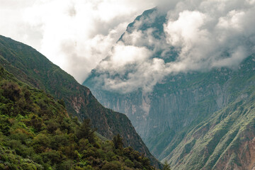 Spectacular and amazing beautiful panorama of the Andes Mountains in the Colca Canyon, Peru. White...