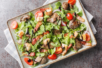Delicious dietary salad of chicken liver, arugula, onions, tomatoes, croutons and bacon close-up in a plate on the table. Horizontal top view from above