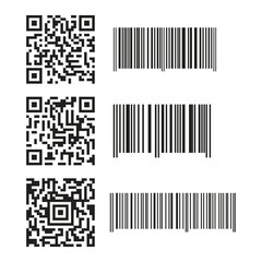 Barcodes. Scan bar label, qr code and industrial barcode. Product inventory badge, codes stripe sticker and package bars. Supermarket scanning barcode sign. Isolated vector set