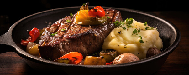 Delicious freshly made beef steak with mashed potatoes served on amazing iron pan. 