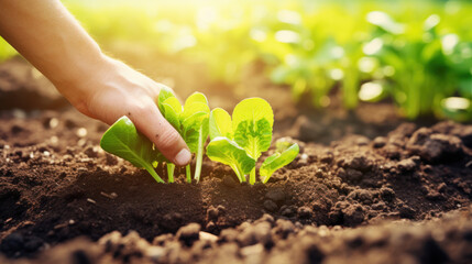 hands planting tomato seedling on garden