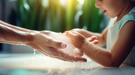 Washing hands rubbing with soap man for corona virus prevention, hygiene to stop spreading virus - obrazy, fototapety, plakaty