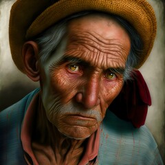 AI generated illustration of an elderly man wearing an orange shirt and hat