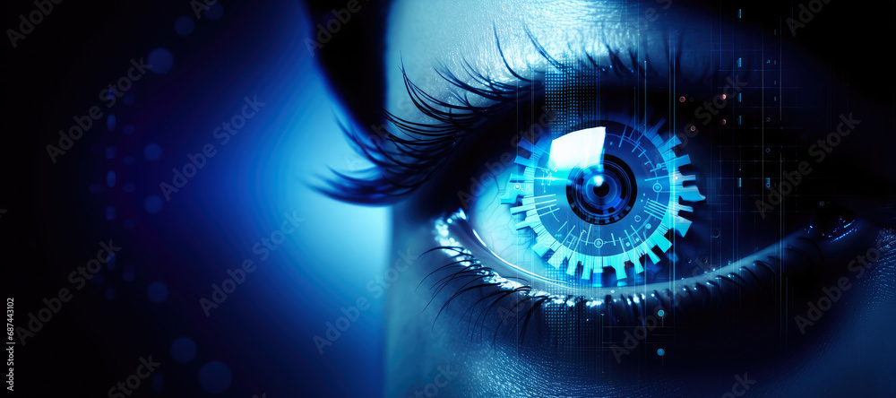 Wall mural close up of a sci-fi cyborg eye. futuristic human eye technology - digital iris