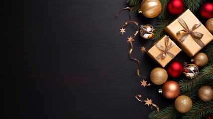 Naklejka premium bright flat lay stock Christmas photo with copy space, realistic lighting, photorealistic made by generative ai