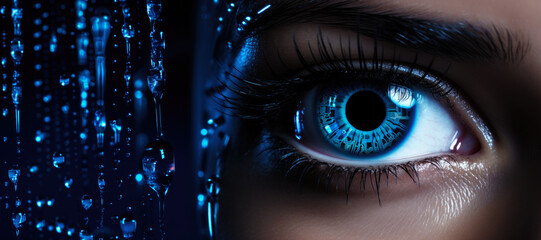 Close up of a sci-fi cyborg eye. Futuristic human eye technology - digital iris