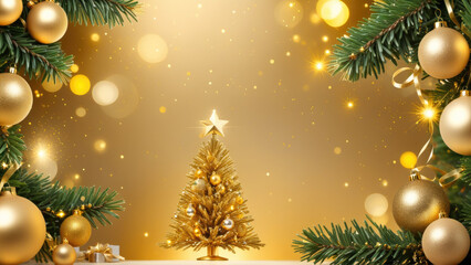 A Festive Christmas Tree Adorned with Gold Ornaments