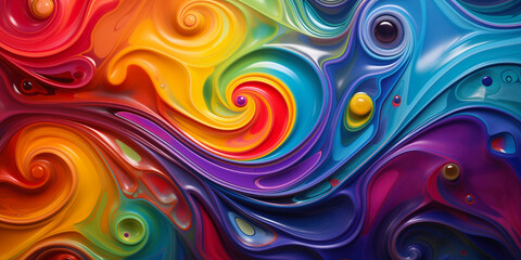 3d abstract wallpaper. Liquid metal rainbow waves banner. Three dimensional rainbow colored swirls background - obrazy, fototapety, plakaty