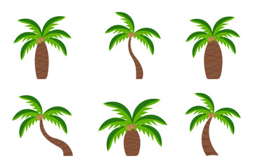 Flat vector set of palm trees. Plants of the tropical forest. Landscape elements for a mobile game.
