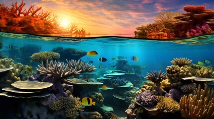 coral reef ecosystem at sunset
