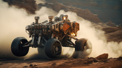 Lunar rover moves quickly, kicking up dust on the surface of the moon or another planet.