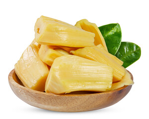 Fresh ripe jackfruit segments in a wooden bowl