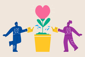 Couple in love watering plant of love. Colorful vector illustration