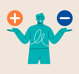Man hold plus and minus symbols. Pros and cons advantage comparison. Colorful vector illustration