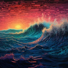 A surreal cascade of neon waves, crashing against a pixelated shore in a hypnotic display of color.