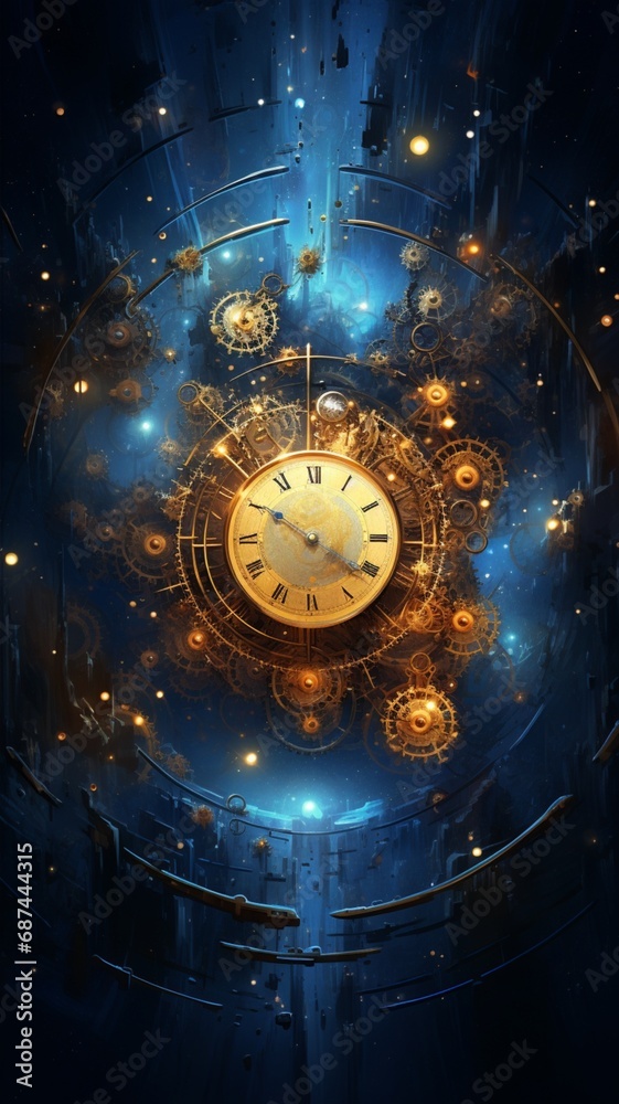 Wall mural interlocking gears of light turning in a cosmic clockwork, creating an abstract representation of ti