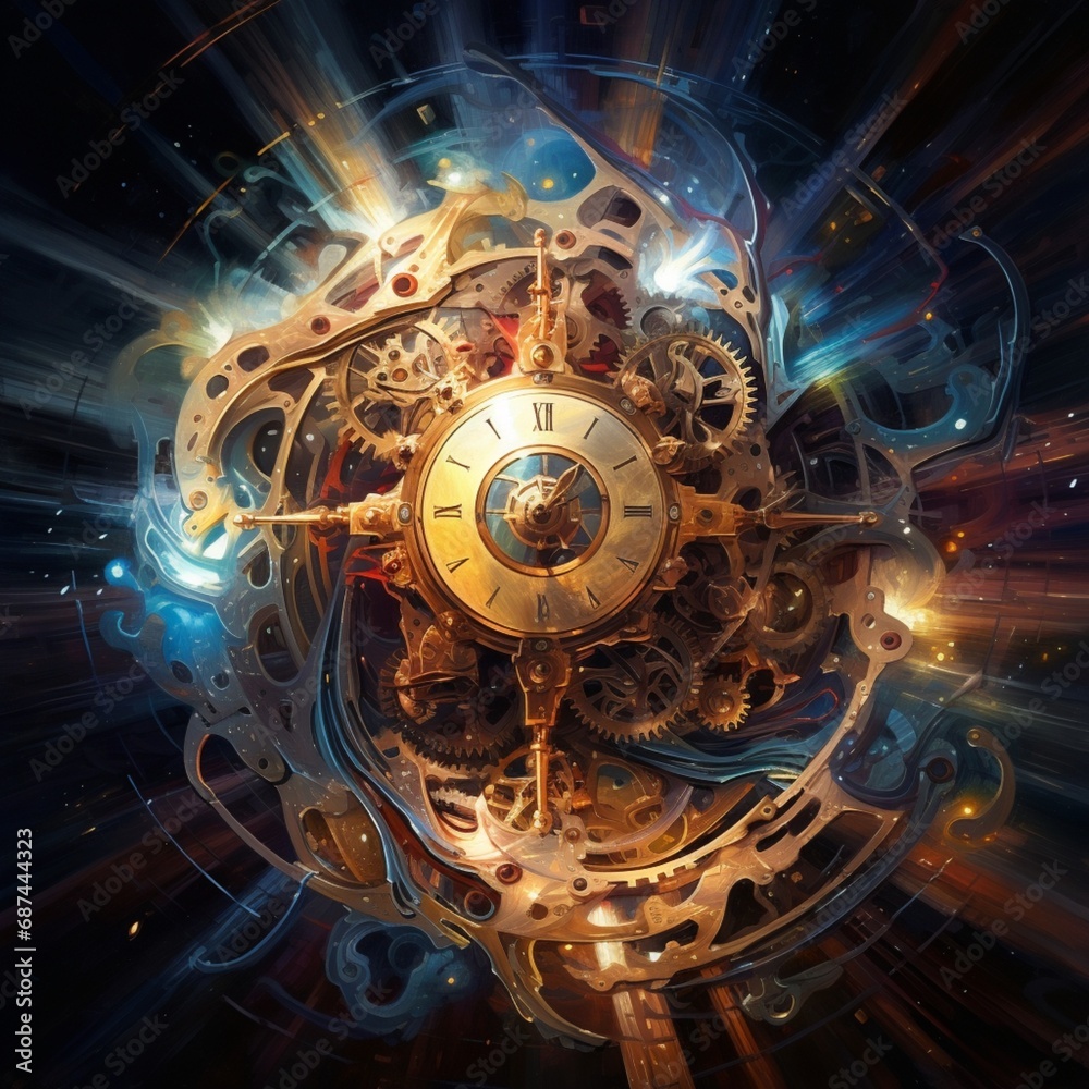 Wall mural interlocking gears of light turning in a cosmic clockwork, creating an abstract representation of ti