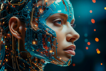 Humanoide, medio humano-robot capacitado con AI, implante robótico en la cabeza conectado con el cerebro para dotar de inteligencia artificial - obrazy, fototapety, plakaty