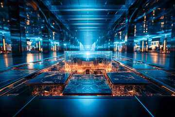 Sala de servidor cuantico, alta tecnologia, computadora del futuro con AI - obrazy, fototapety, plakaty