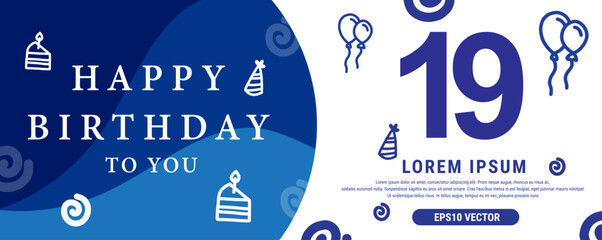 19 year celebration Creative Happy Birthday Text. Blue color decorative banner design, Vector illustration. - obrazy, fototapety, plakaty