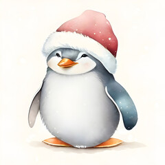 Watercolor painting of cute cartoon penguin wearing Santa Claus hat. Christmas illustration for for design, invitation, greeting card or template