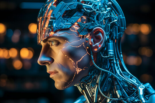 Humanoide, medio humano-robot capacitado con AI, implante rob&oacute;tico en la cabeza conectado con el cerebro para dotar de inteligencia artificial