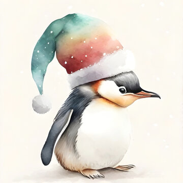 Cute penguin wearing colourful hat winter costume on snowing background. Watercolor illustration for design, invitation, greeting card or template