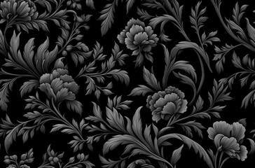 Seamless Elegant Baroque Tapestry. Luxurious black fabric adorned with intricate floral baroque patterns, evoking a timeless sense of sophistication