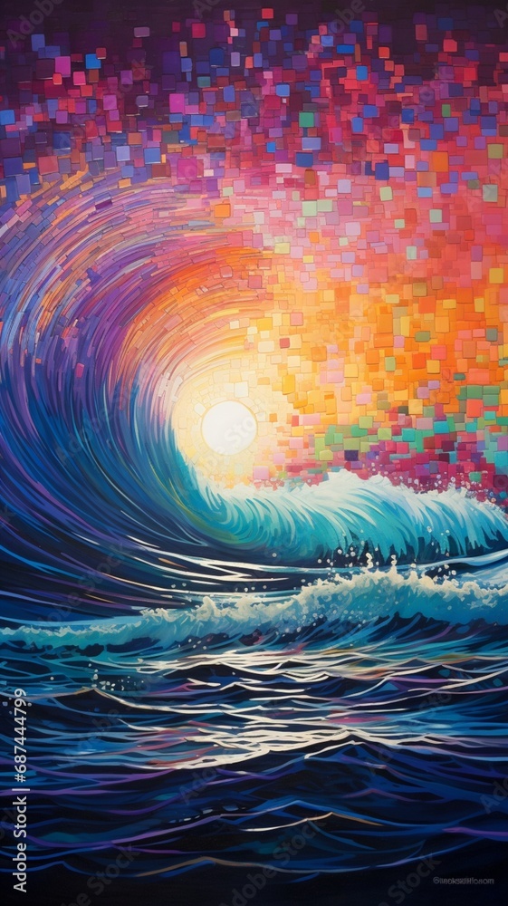 Sticker neon waves crashing against a pixelated shore, painting the horizon with a mesmerizing display of ab