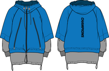 Double layer track Hoodie jacket design flat sketch Illustration, Hooded windbreaker jacket with front and back view, winter jacket for Men and women. for hiker, outerwear in winter © JERZEY DESINZ