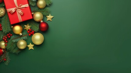 Christmas Day concept. Top view photo of big present box green red baubles gold star ornament pine cone mistletoe berries snow and fir branches made by generative ai