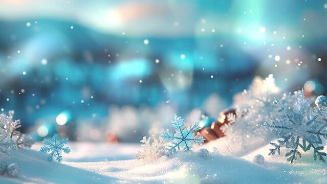 Blue background with snow and snowflakes.