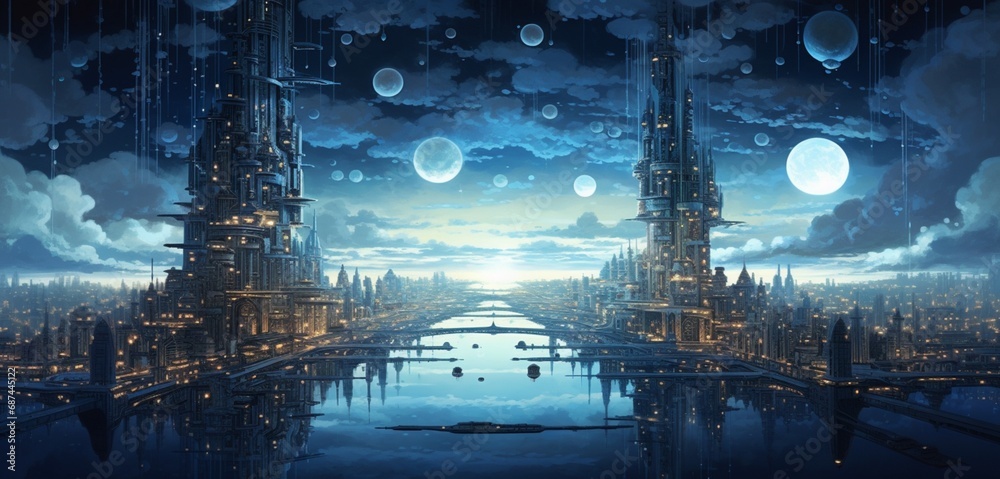 Wall mural a surreal city skyline of floating islands, adorned with intricate patterns of illuminated circuits,