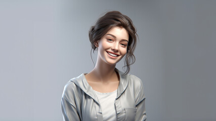 hyper realistic beauty of a 3D rendered girl with white t shirt on light gray background. This three dimensional masterpiece captures essence of elegance and sophistication. Generative AI. - obrazy, fototapety, plakaty