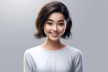 hyper realistic beauty of a 3D rendered girl with white t shirt on light gray background. This...
