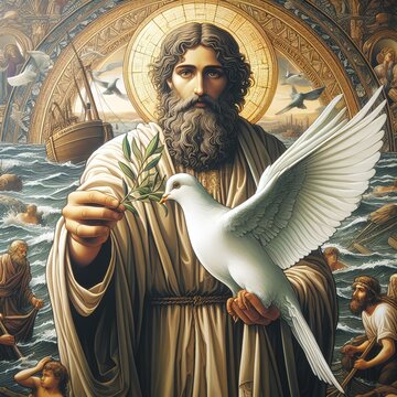 Noa hand the dove carrying an olive leaf, religious story, generated with AI