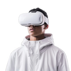 Young person wearing an augmented virtual reality headset