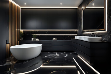Premium luxury modern bathroom with marble, water sink, bath up and led lights strips. Black luxurious bathroom