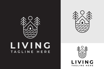 Retro House Home Lake Ocean Wave Tree Pine Forest Mountain Logo Design Branding Template