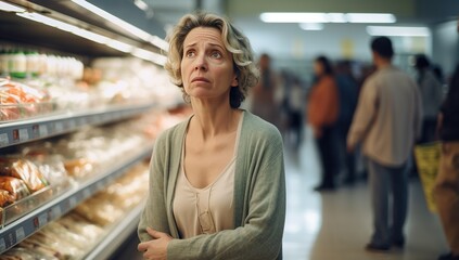 An adult Caucasian woman with short blonde hair in a supermarket, looking up with an anxious expression.