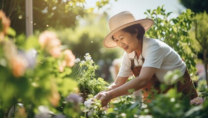 A middle-aged Asian woman in a hat tends to flowers in a sunny garden.