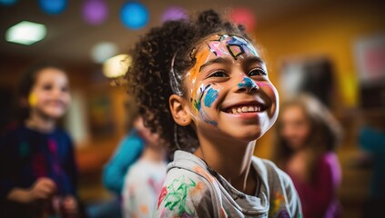A young girl with curly hair and a face painted with bright colors smiles at a party.