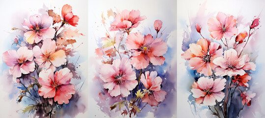 watercolor flowers, a set of illustrations in handmade watercolor style on a white background, generative ai	
