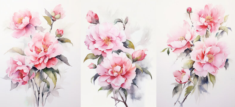 watercolor flowers, a set of illustrations in handmade watercolor style on a white background, generative ai	
