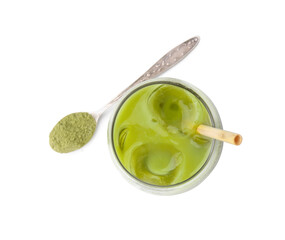 Glass of tasty iced matcha latte and spoon with powder isolated on white, top view